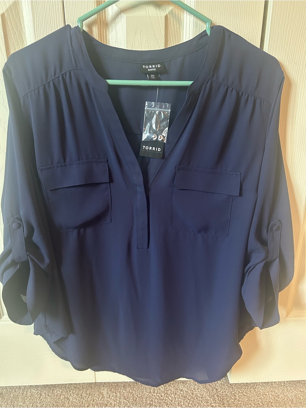 NWT. Torrid Navy Split-Neck Utility Blouse